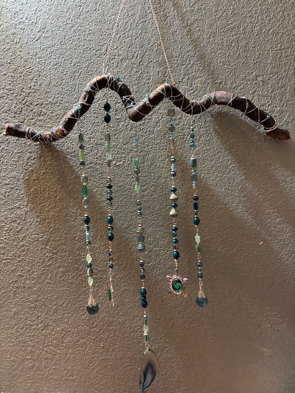 Handmade Teal and Brown Beaded Wall Hanging
